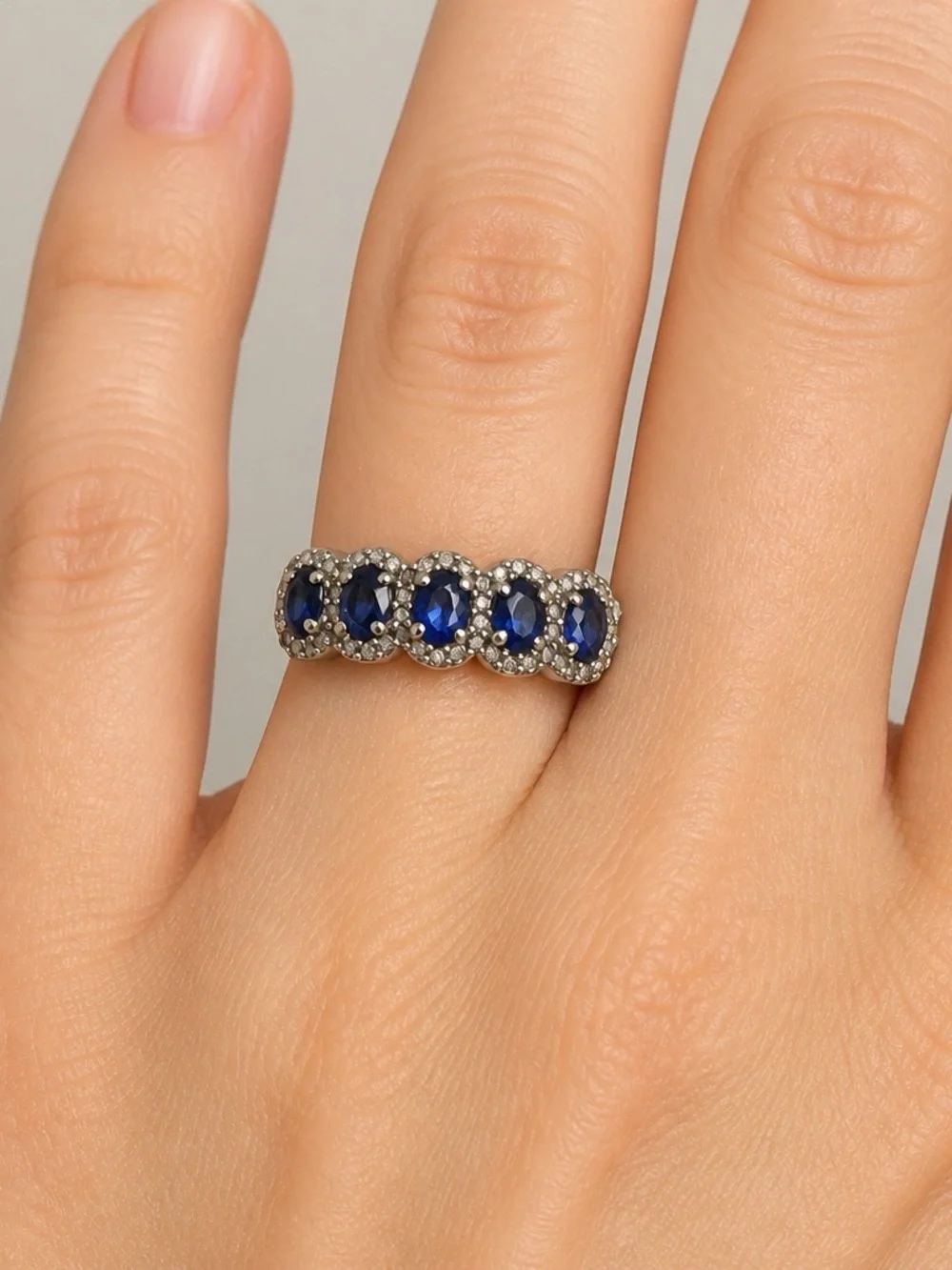Midnight Ocean 10K White Gold Five-Stone Blue Sapphire Halo Ring